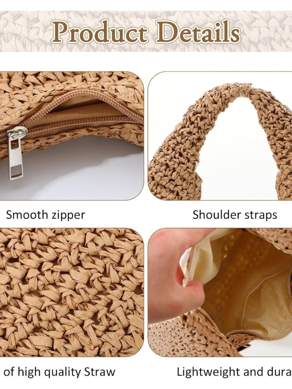 Straw Bag for Women Crescent Shoulder Handbag Straw Summer Beach Tote Handbag Ra - Picture 5 of 7